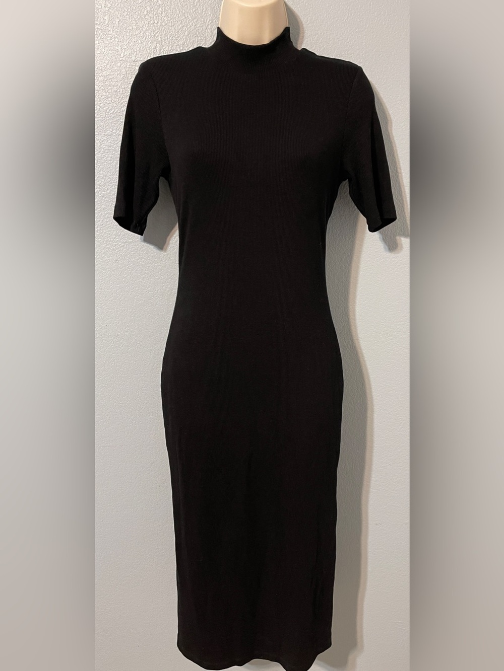 Marine Layer Lexi Rib Mock Neck Midi Dress Black Fitted Bodycon Stretch Small